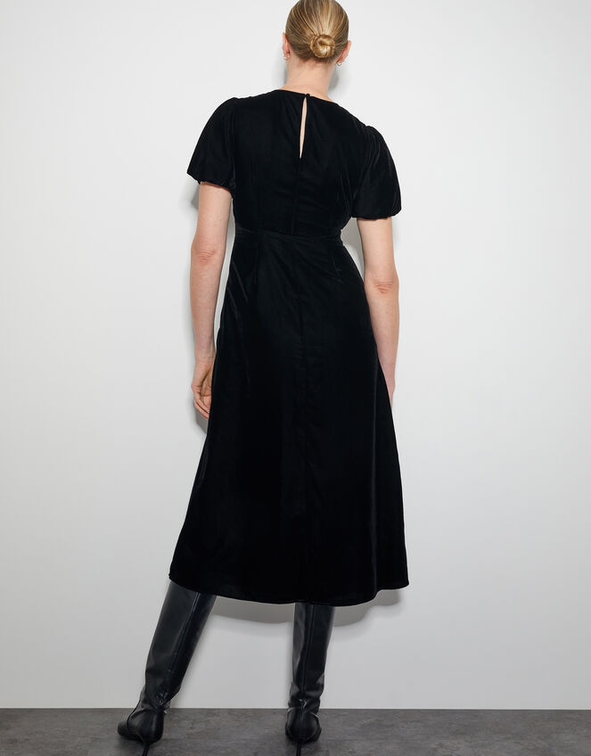 Kendra Embroidered Floral Velvet Midi Dress, Black (BLACK), large