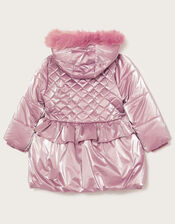 Iridescent Faux Fur Hood Padded Coat, Pink (PINK), large