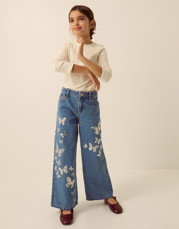 Butterfly Sequin Wide Leg Jeans, Blue (BLUE), large
