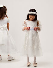 Beatrice Floral Embroidered Tulle Dress, Ivory (IVORY), large