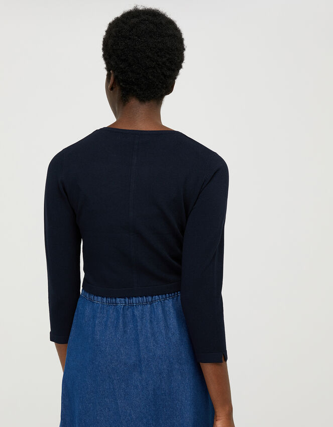 Mara Cropped Cardigan with Mock-Pearl Buttons, Blue (NAVY), large