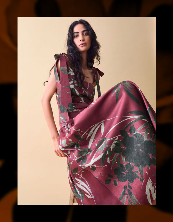 Clemence Lian Floral Drop Waist Midi Dress, Red (BURGUNDY), large