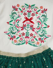 Long Sleeve Christmas Wreath Top and Skirt Set, Green (GREEN), large