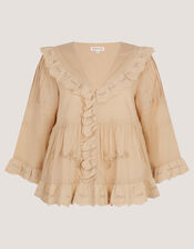 Petra Embroidered Ruffle Blouse, Camel (CAMEL), large