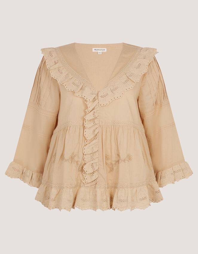 Petra Embroidered Ruffle Blouse, Camel (CAMEL), large