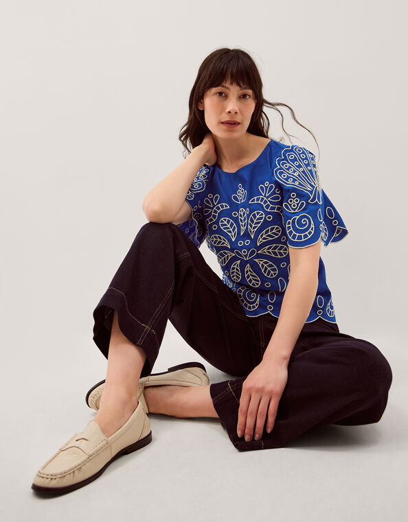 Keira Short Sleeve Embroidered Top, Blue (COBALT), large