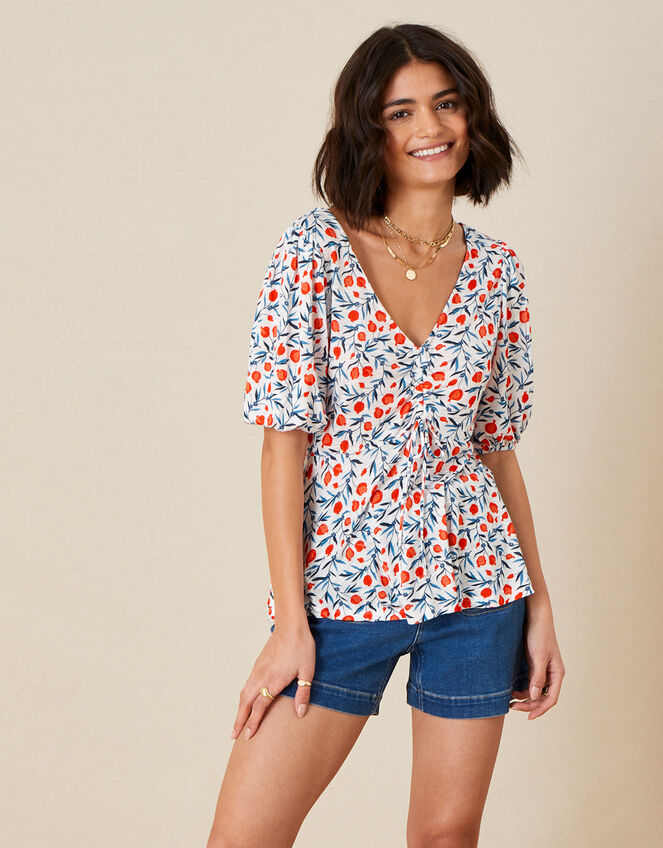 Poppy Pomegrante Print Jersey Top, Ivory (IVORY), large