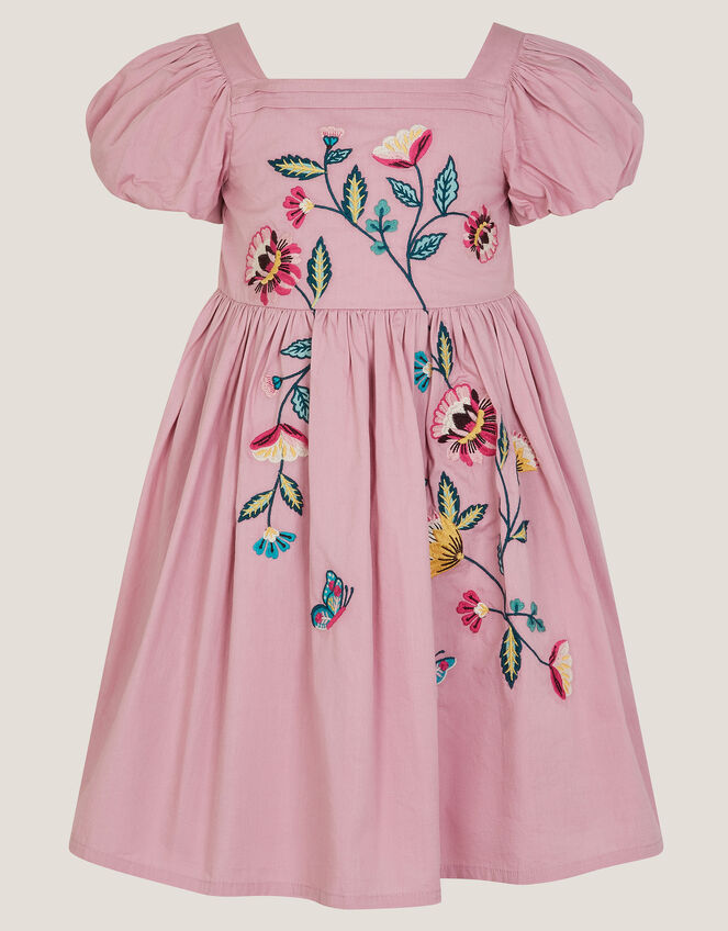 Floral Embroidered Puff Sleeve Dress, Purple (LILAC), large