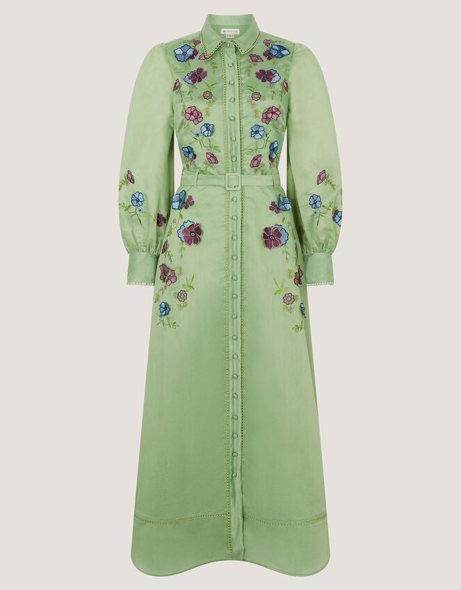 Orla Floral Embroidered Midi Shirt Dress, Green (GREEN), large