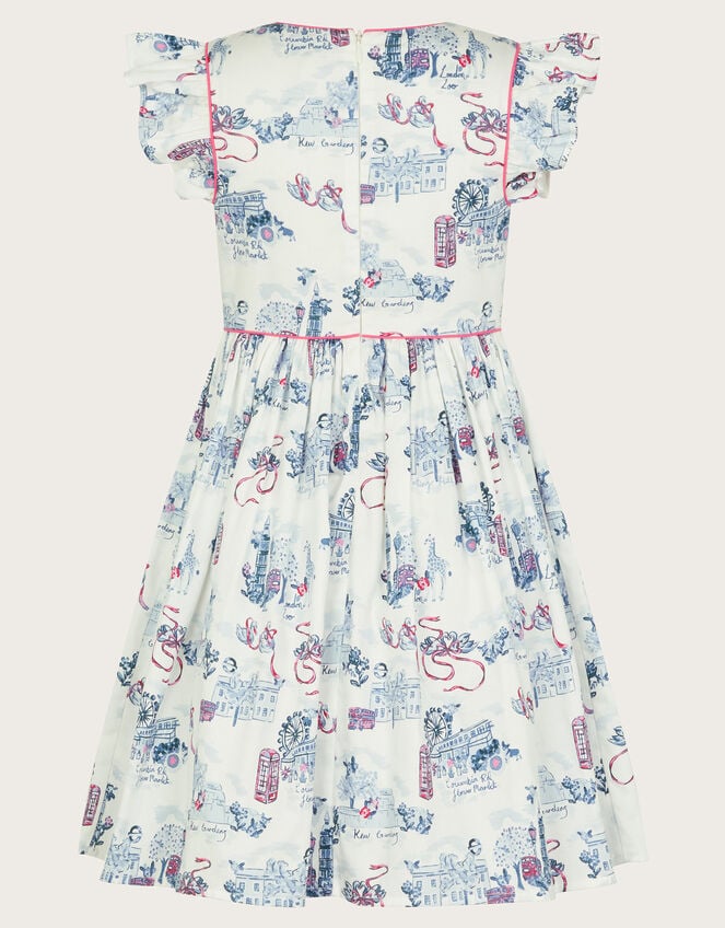 London Print Frilly Cotton Dress, White (WHITE), large