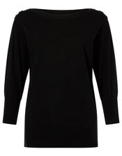 Button Shoulder Knit Jumper with Recycled Nylon, Black (BLACK), large