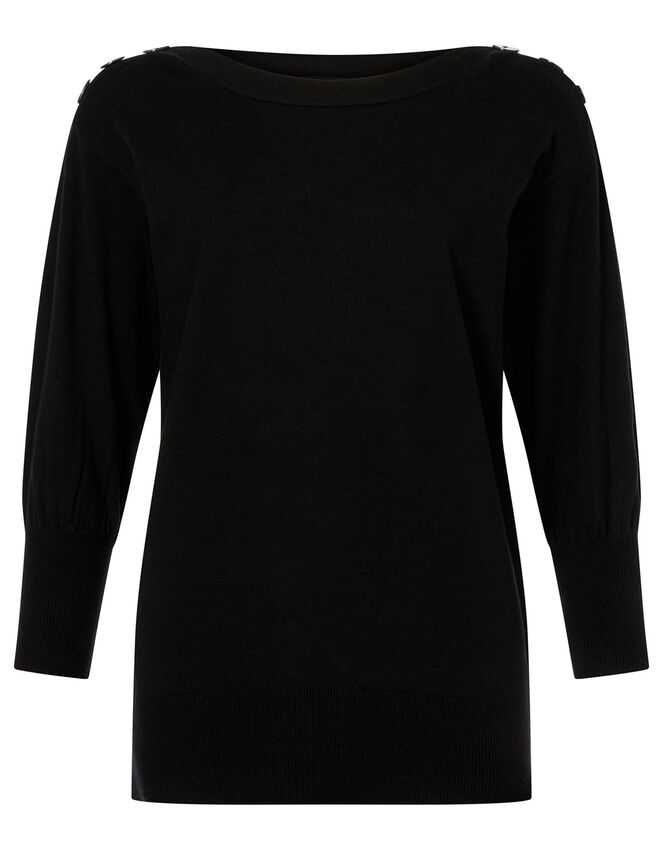 Button Shoulder Knit Jumper with Recycled Nylon, Black (BLACK), large