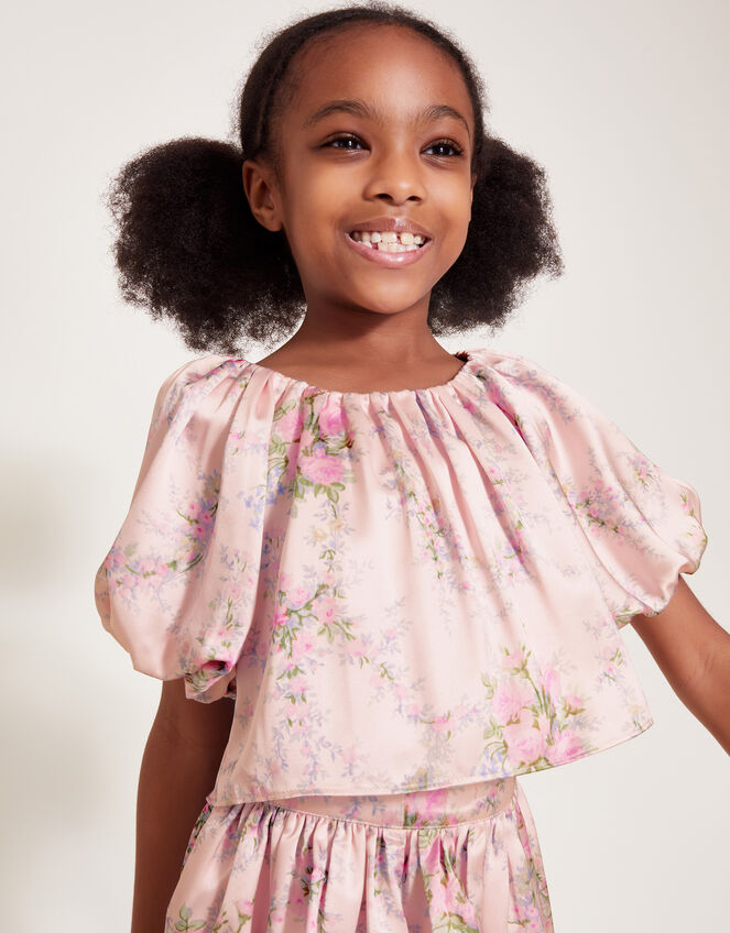 Esme Rose Satin Puff Top, Pink (PINK), large