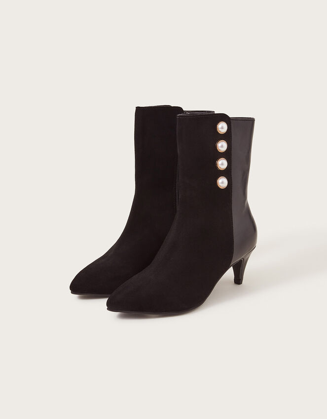Pearl Button Leather Ankle Boots, Black (BLACK), large