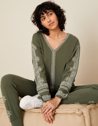 Lounge Embroidered Top Green, Green (KHAKI), large