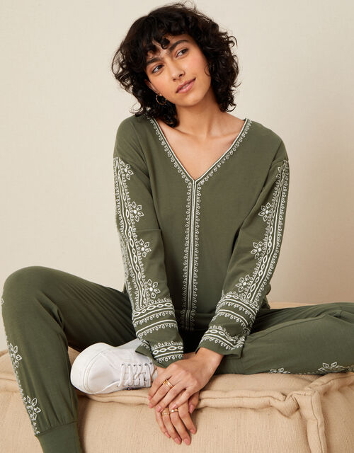 Lounge Embroidered Top, Green (KHAKI), large