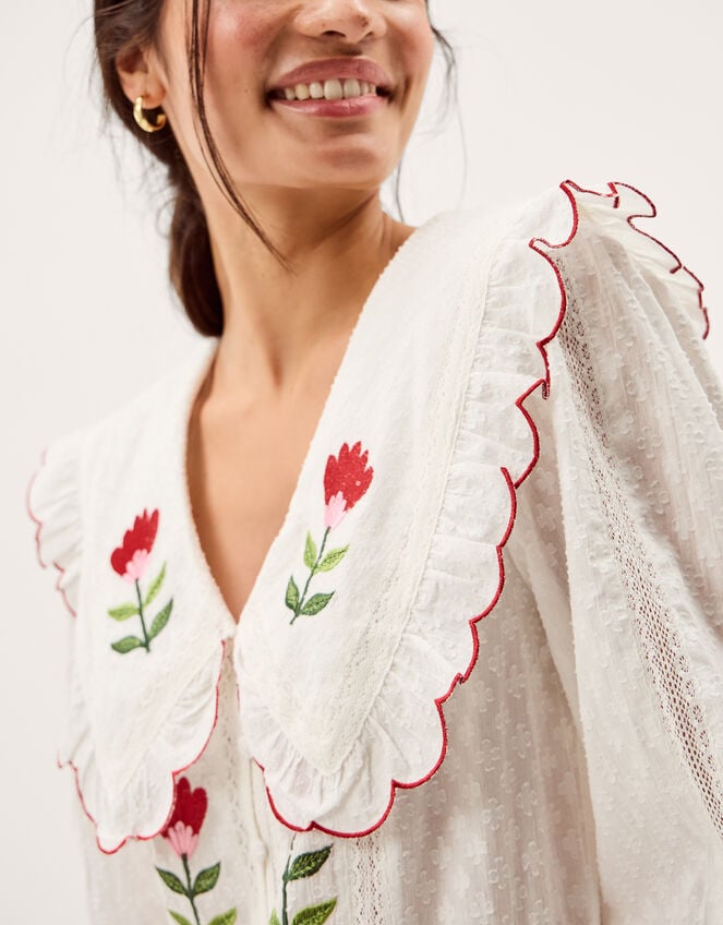Talia Tulip Embroidered Scallop Collar Top, White (WHITE), large