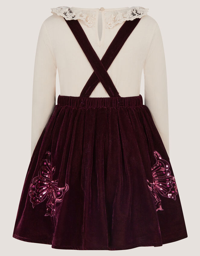 Long Sleeve Top & Velvet Pinafore Dress Set, Red (BURGUNDY), large