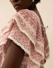 East Alina Hand-Screen Printed Floral Lace Insert Dress, Pink (PINK), large
