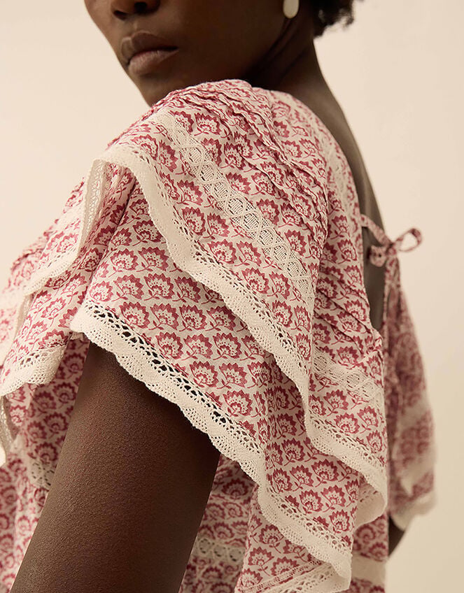 East Alina Hand-Screen Printed Floral Lace Insert Dress, Pink (PINK), large