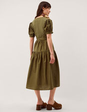 Fawn Appliqu&eacute; Puff Sleeve Midi Dress, Green (KHAKI), large