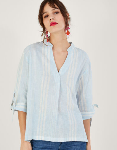 Pintuck Stripe Top in Linen Blend, Blue (BLUE), large