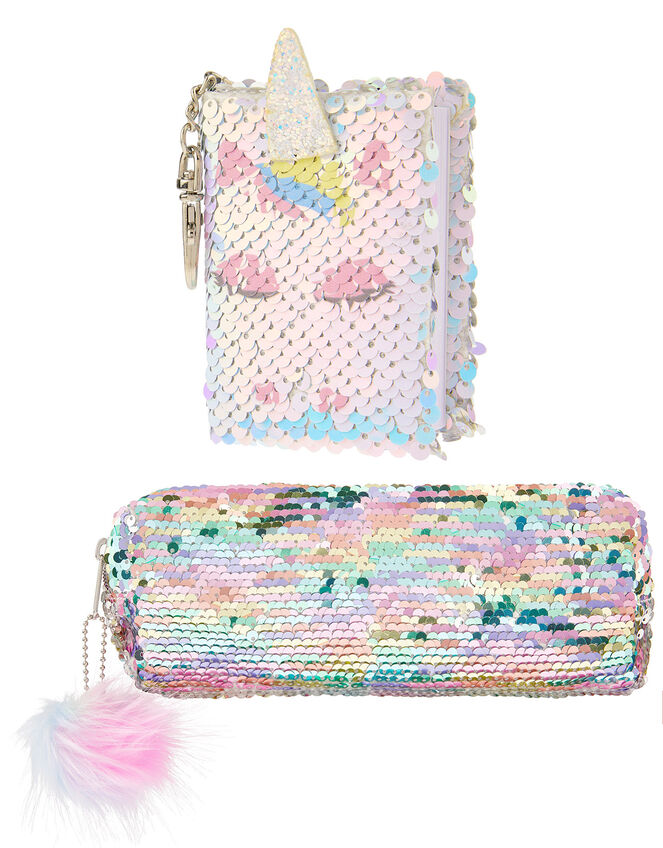 Sequin Unicorn Mini Notebook and Pencil Case Set, , large