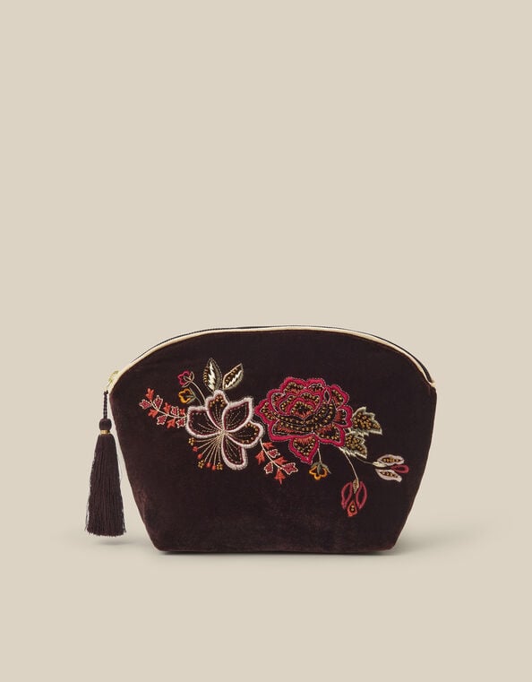Floral Embroidered Velvet Make Up Bag, , large