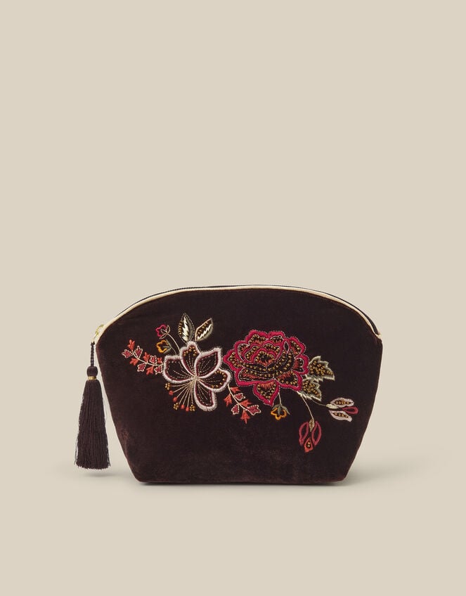 Floral Embroidered Velvet Make Up Bag, , large