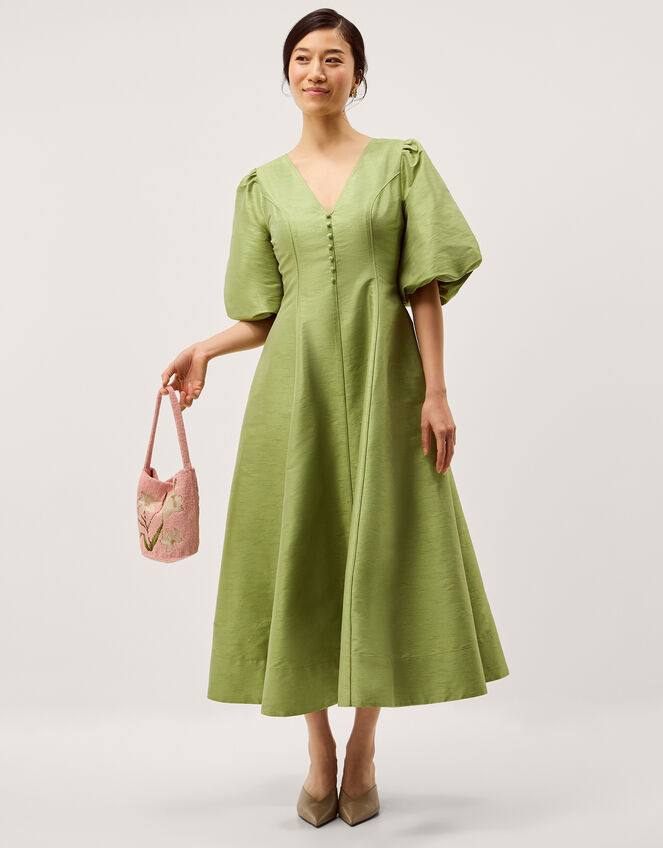 Beatrice Puff Sleeve A-Line Midi Dress Green | Evening Dresses | Monsoon UK.
