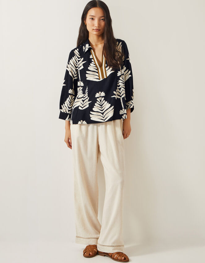 Pamela Linen Blend Leaf Print Top, Black (BLACK), large