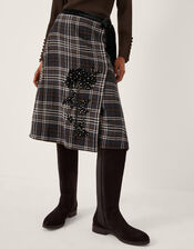 Rue Embellished Tartan Wrap Midi Skirt, Black (BLACK), large
