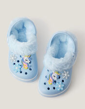 Ice Unicorn Charm Faux Fur Lined Clogs, Blue (BLUE), large
