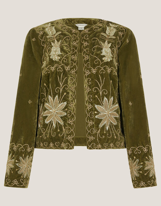 Magda Floral Embroidered Velvet Jacket, Green (KHAKI), large