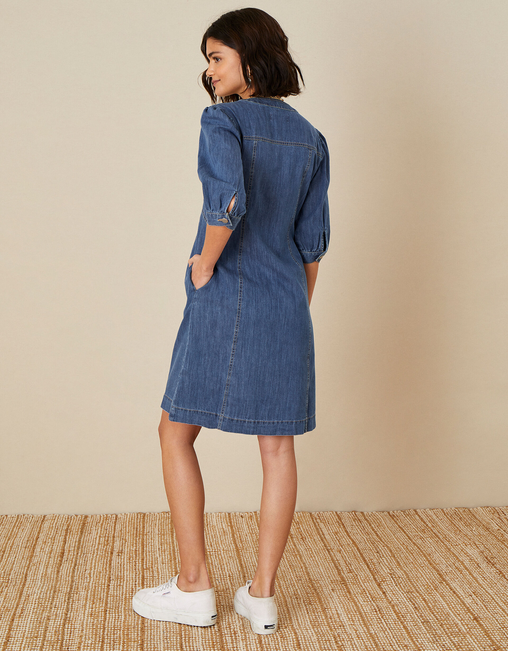 Snuggle Spot Women's Denim Solid Sleeveless Dress (Blue) main image 1