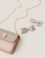 Mini Glitter Bag & Bow Hair Clips Set, , large