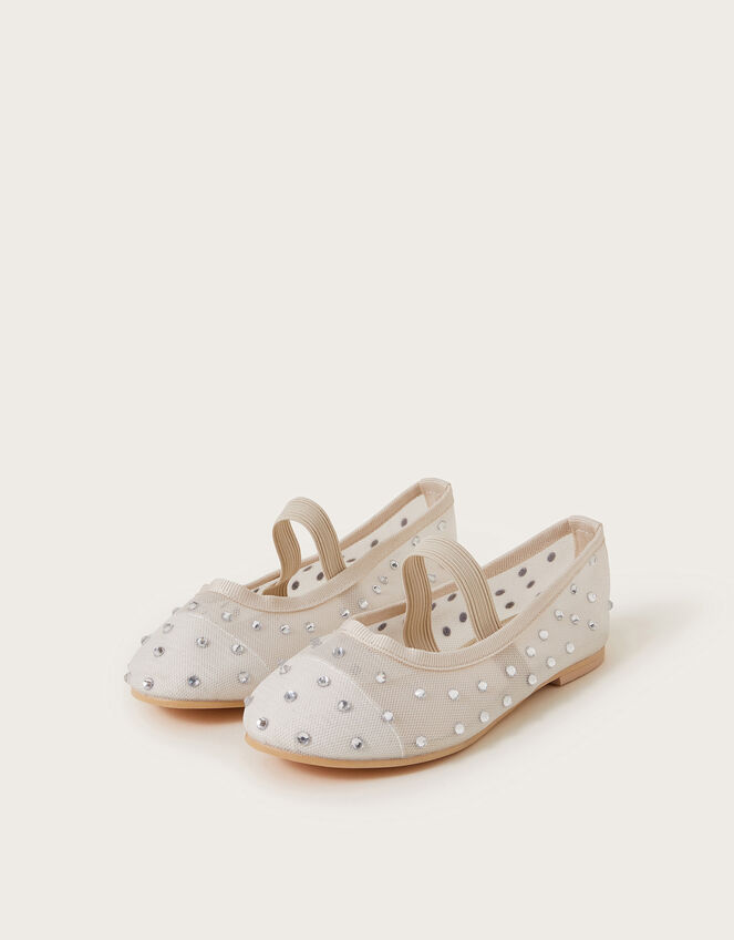 Diamante Mesh Ballerina Flats, Ivory (IVORY), large