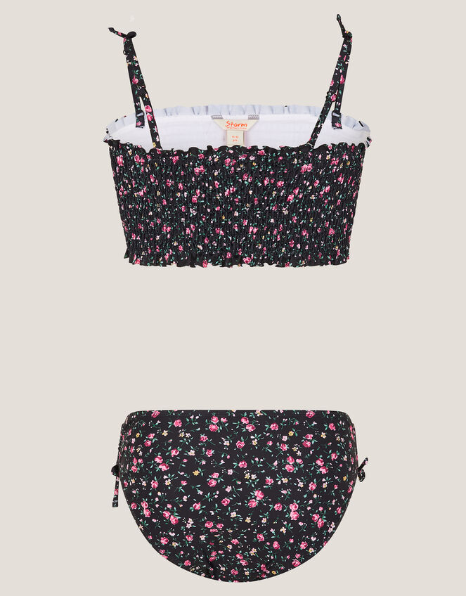 Ditsy Floral Smocked Bikini Set, Black (BLACK), large