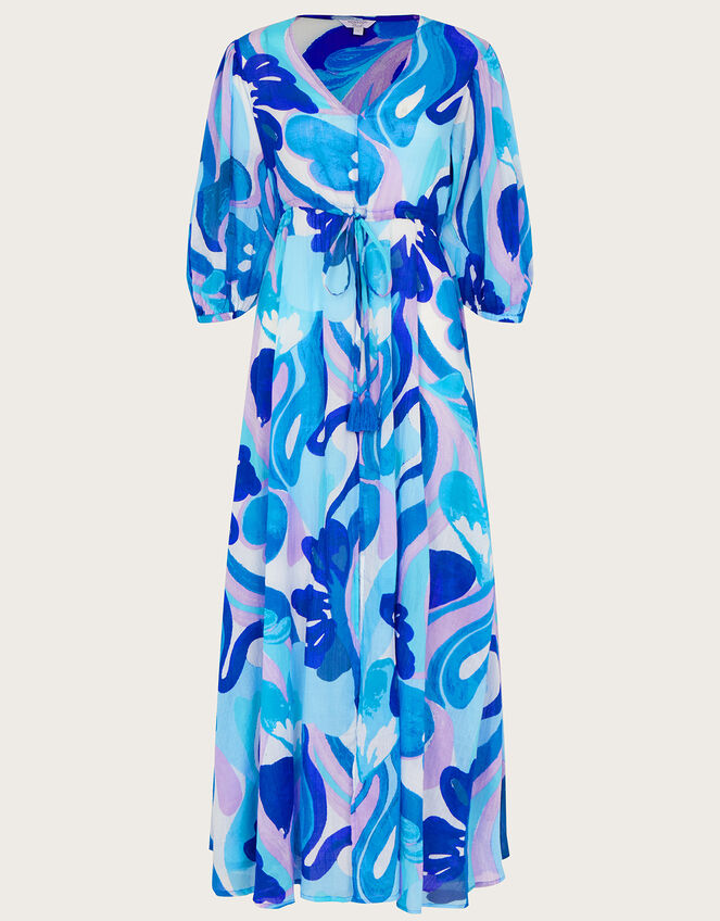 Swirl Print Puff Sleeve Maxi Dress, Blue (BLUE), large