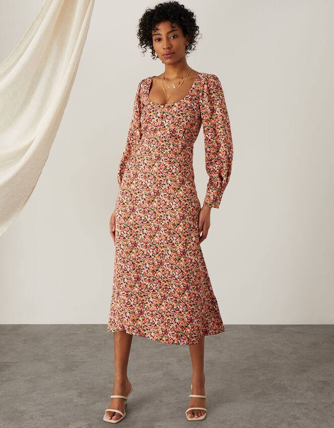 Frida Floral Satin Tea Dress, Black (BLACK), large
