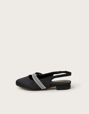 Diamante Strap Satin Slingback Flats, Black (BLACK), large