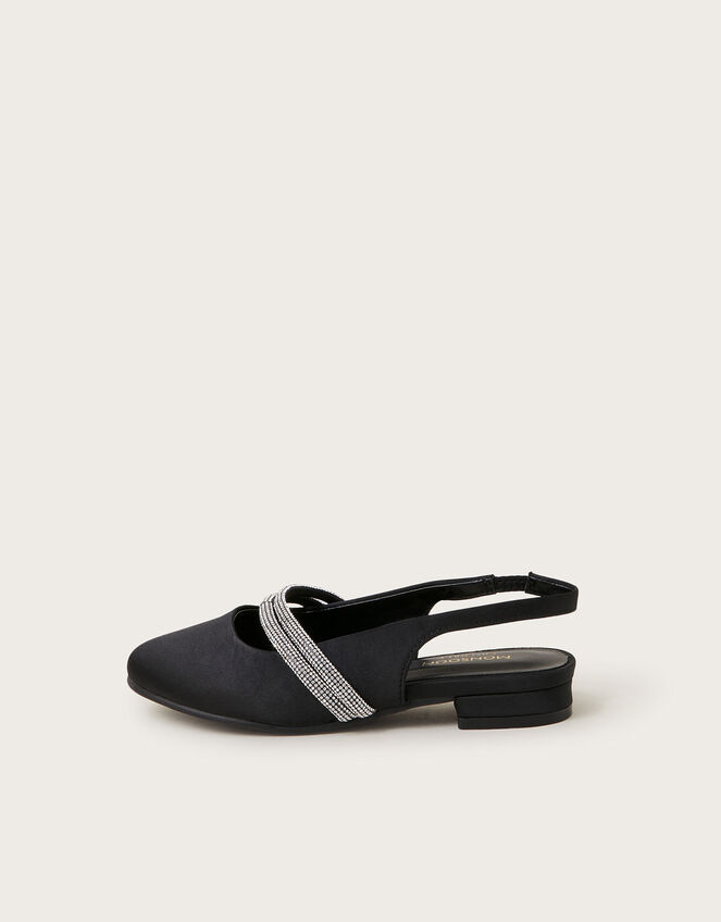Diamante Strap Satin Slingback Flats, Black (BLACK), large