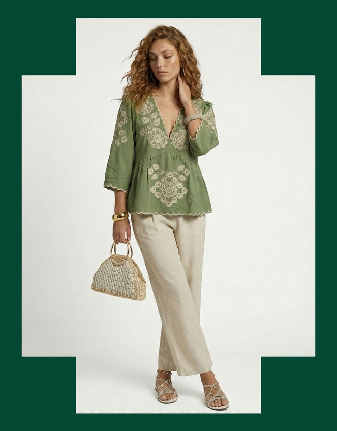 Raffya Aubrey Embroidered Tunic Blouse, Green (GREEN), large