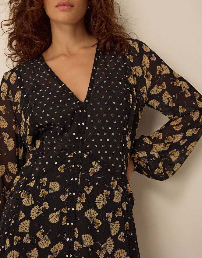Clemence Amelie Long Sleeve Contrast Print Midi Dress, Black (BLACK), large