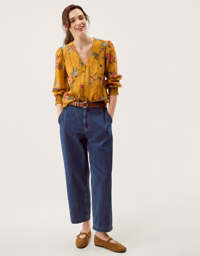 Rosaleigh V-Neck Floral Blouse, Yellow (OCHRE), large
