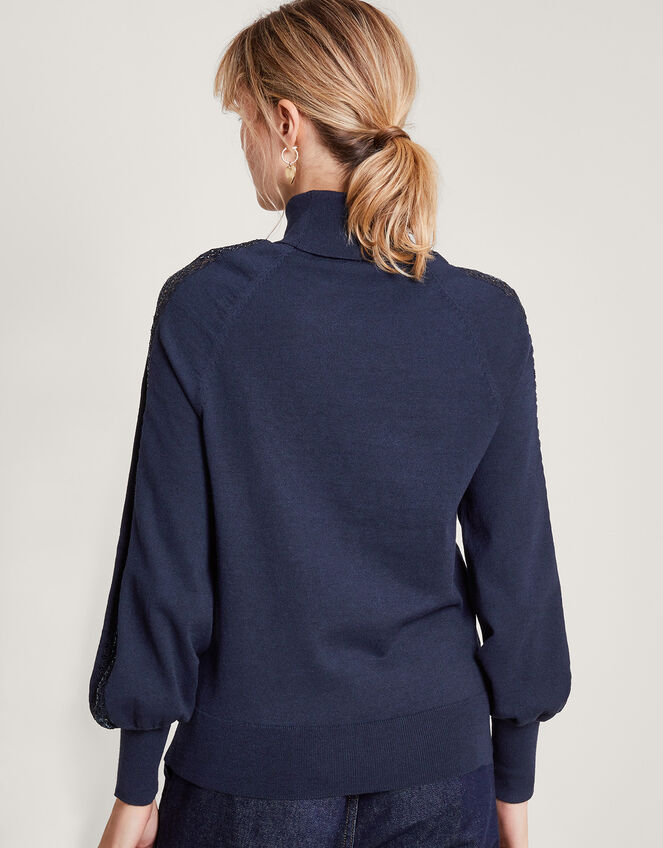 Lace Insert Polo Jumper with Recycled Polyester, Blue (NAVY), large