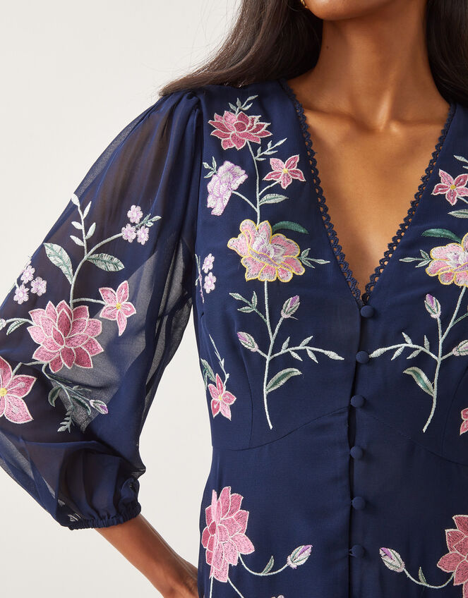 Emani Floral Embroidered Midi Tea Dress, Blue (NAVY), large