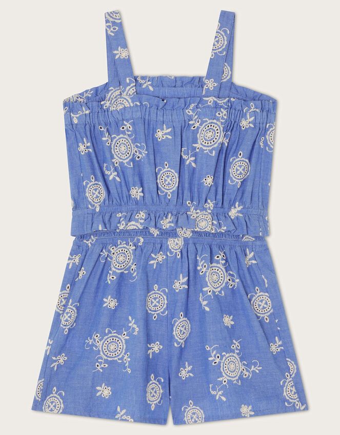 Strappy Broderie Chambray Playsuit, Blue (BLUE), large