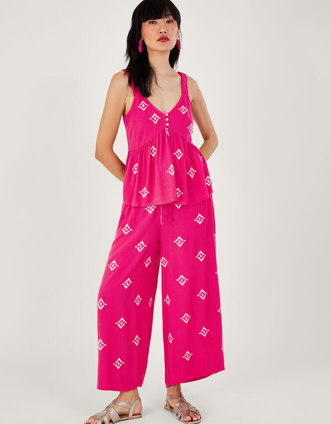 Embroidered Motif Wide Trousers in LENZING™ ECOVERO™, Pink (PINK), large