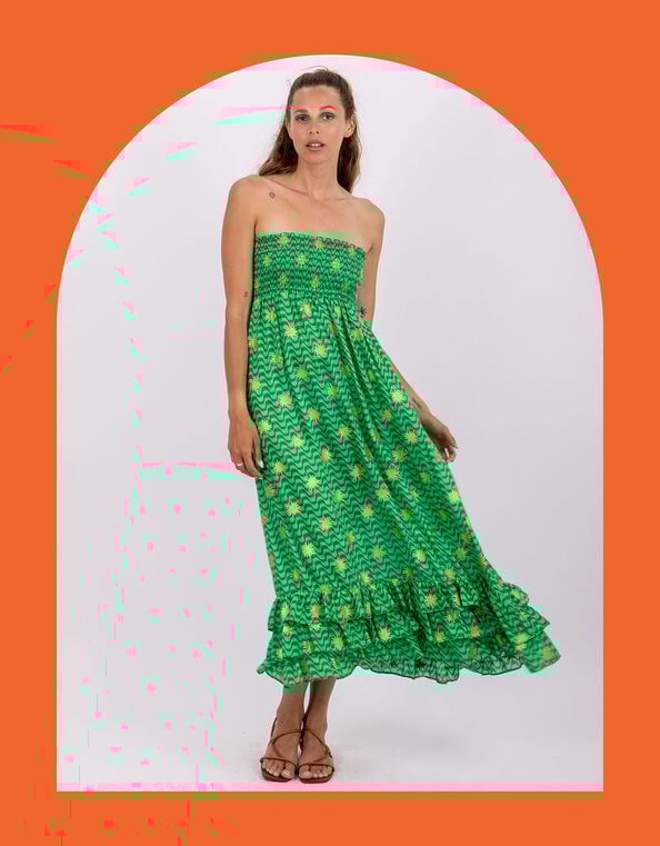 Sundress Pooja Strapless Ruffle Midi Dress, Green (GREEN), large